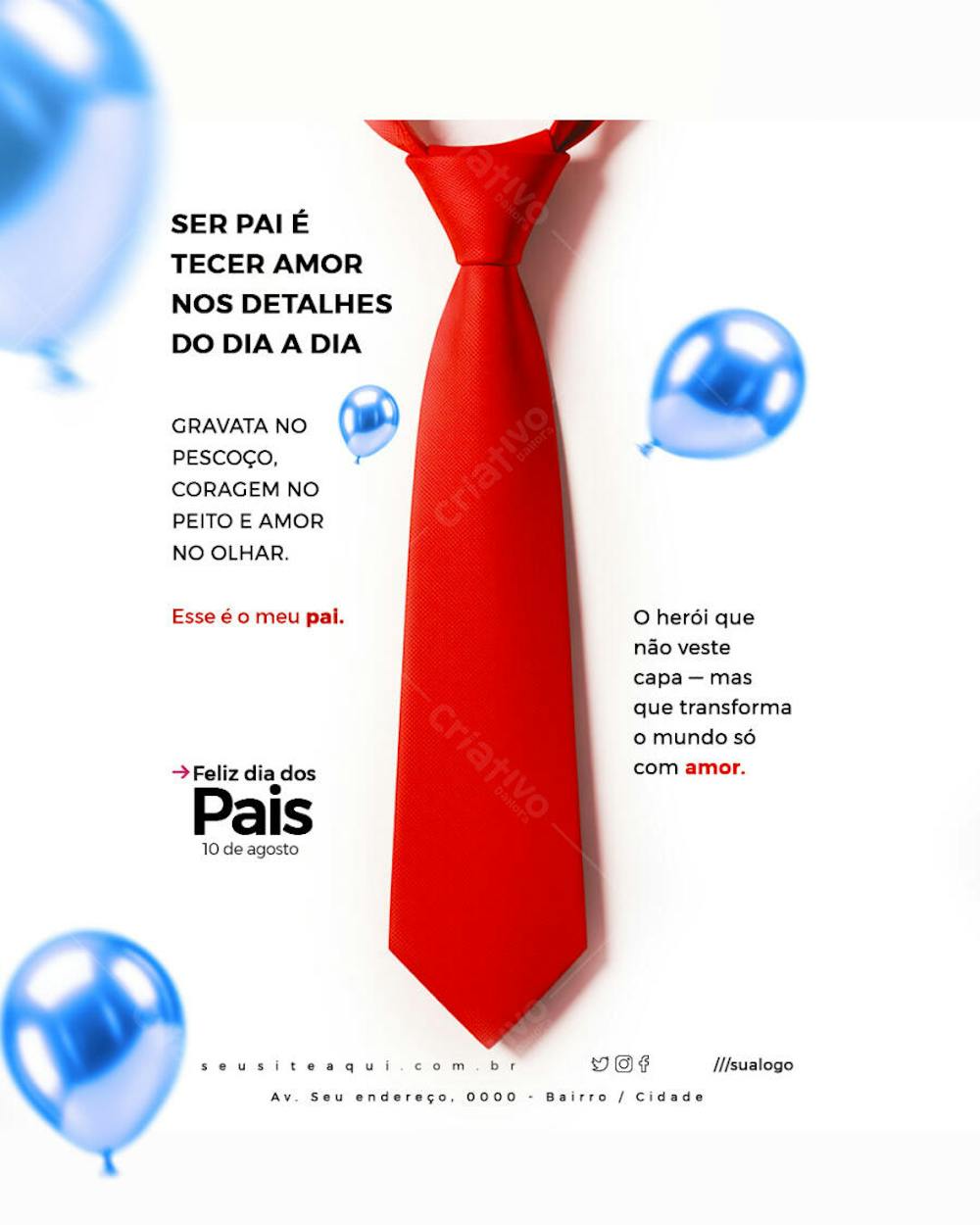 Minimalist Father's Day flyer design with vibrant red and blue colors. Features a red tie, blue balloons, and an inspirational message. Perfect for social media, cards, or print. Target audience: children honoring fathers.