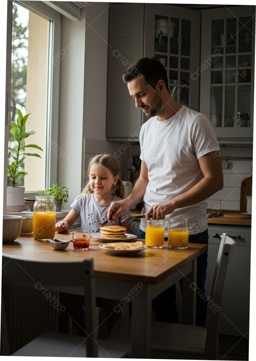 Pai e filha no café da manhã com panquecas