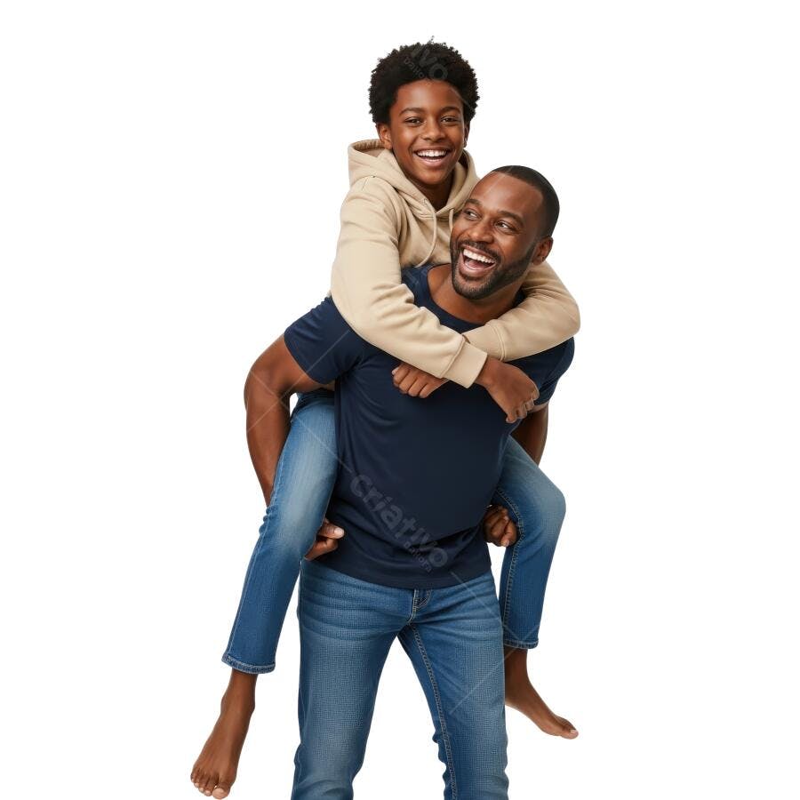 Pai e filho negros brincando fundo branco