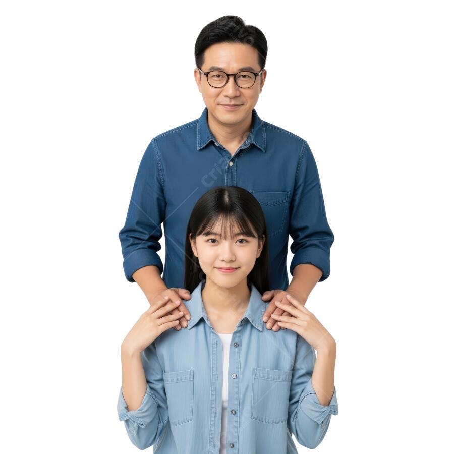 Pai e filha asiáticos em camisa jeans