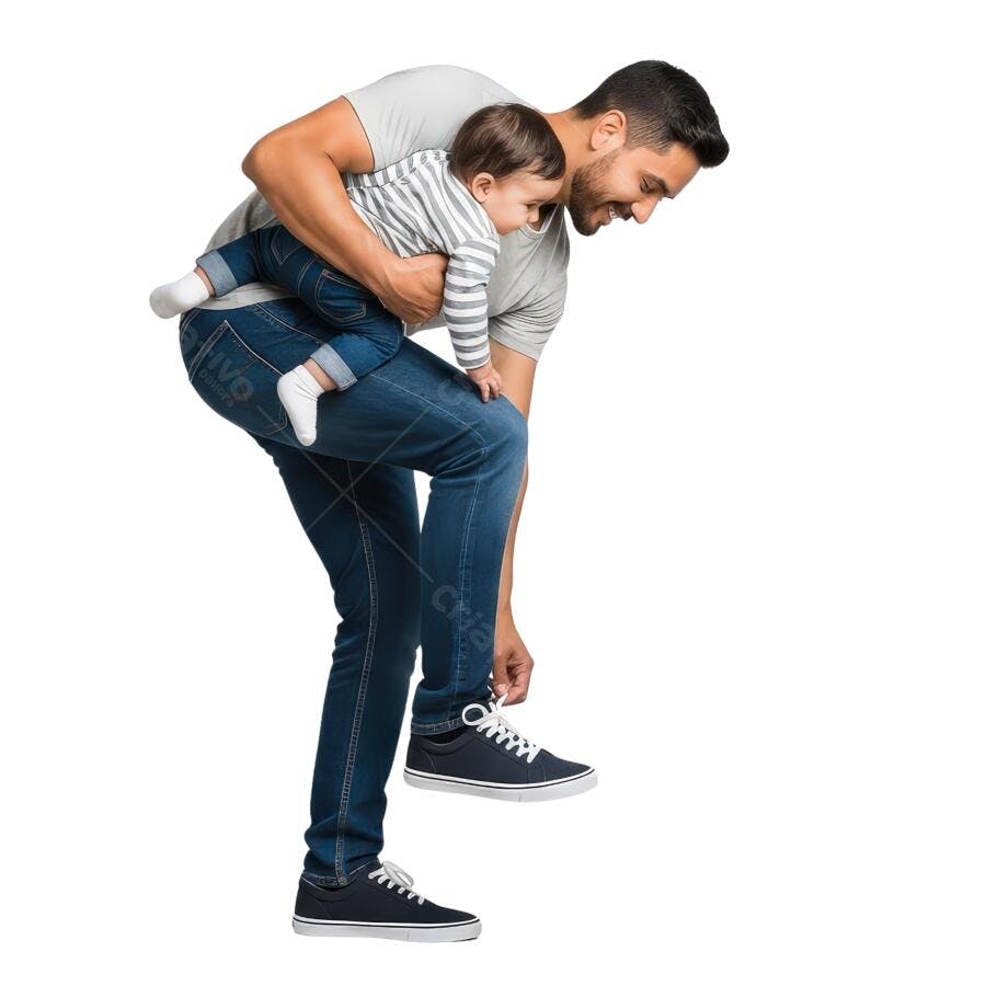Pai segurando bebê e amarrando tênis