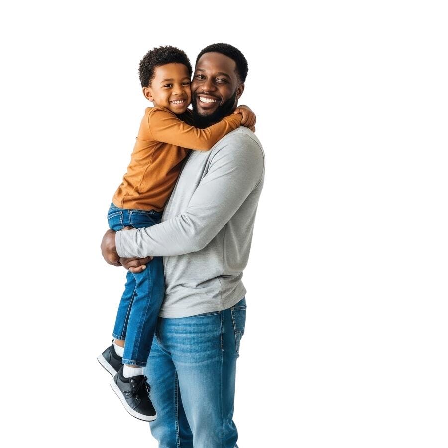 Pai e filho abraçados fundo branco