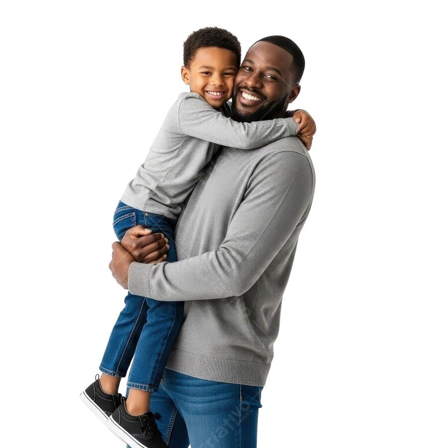 Pai e filho afro-americanos se abraçando