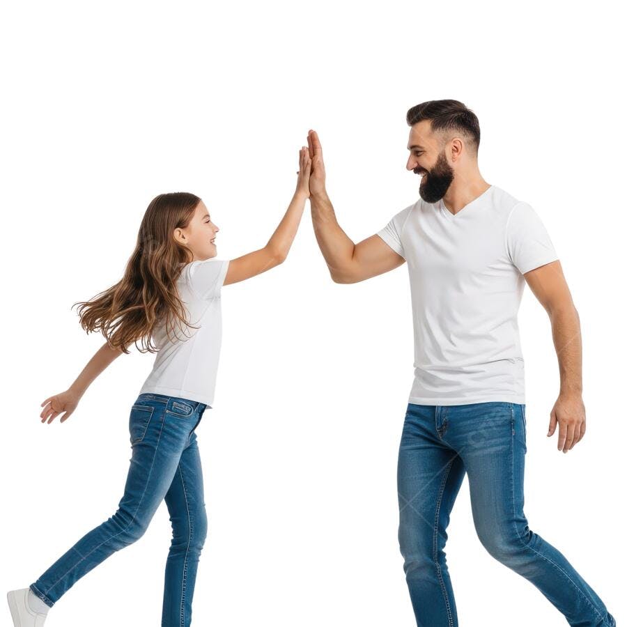 Pai e filha dão high five fundo branco