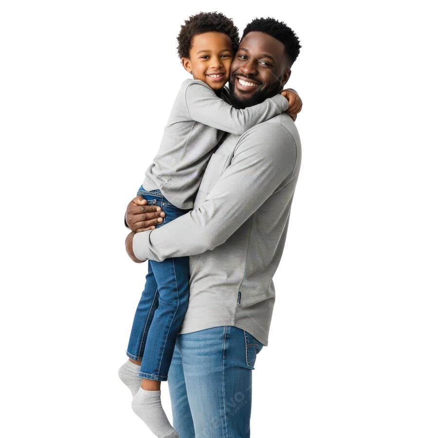 Pai e filho abraçados fundo branco