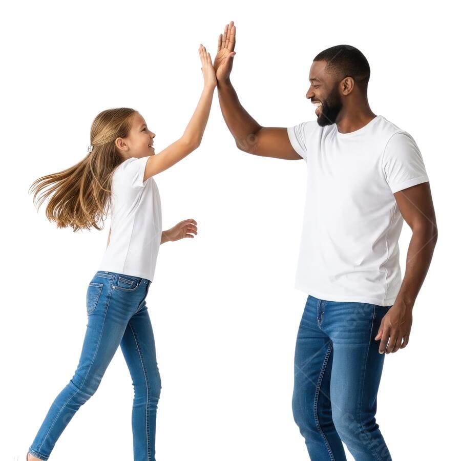 Pai e filha dão high five fundo branco