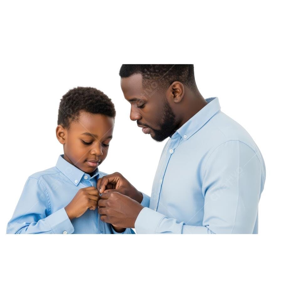 Pai ajudando filho a abotoar camisa azul