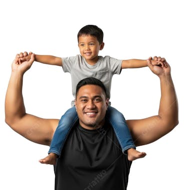 Imagem de um pai e filho de etnia asiática sorrindo. O pai está com uma camiseta preta e o filho com uma camiseta cinza. Cores predominantes são tons neutros e fundo branco. Atmosfera alegre e familiar.