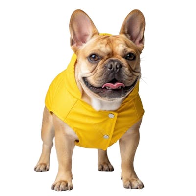 Bulldog francês com capa de chuva amarela (1)