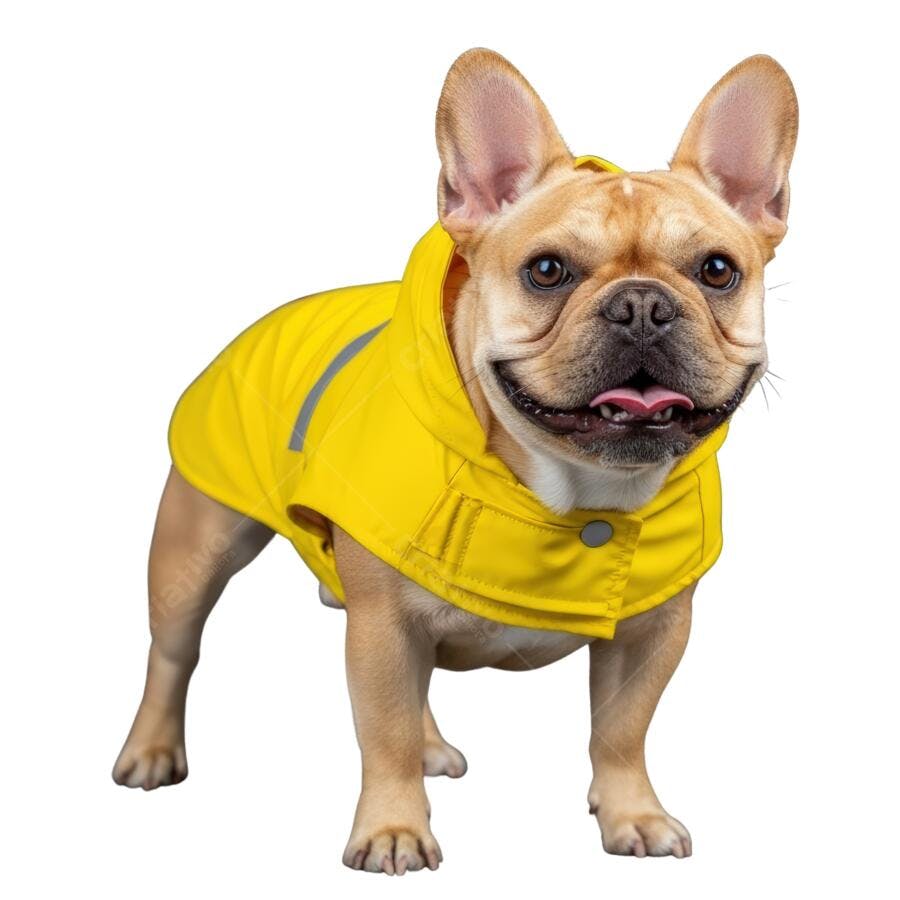 Buldogue Francês com Capa de Chuva Amarela
