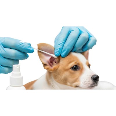 Veterinário limpando o ouvido de filhote com cotonete