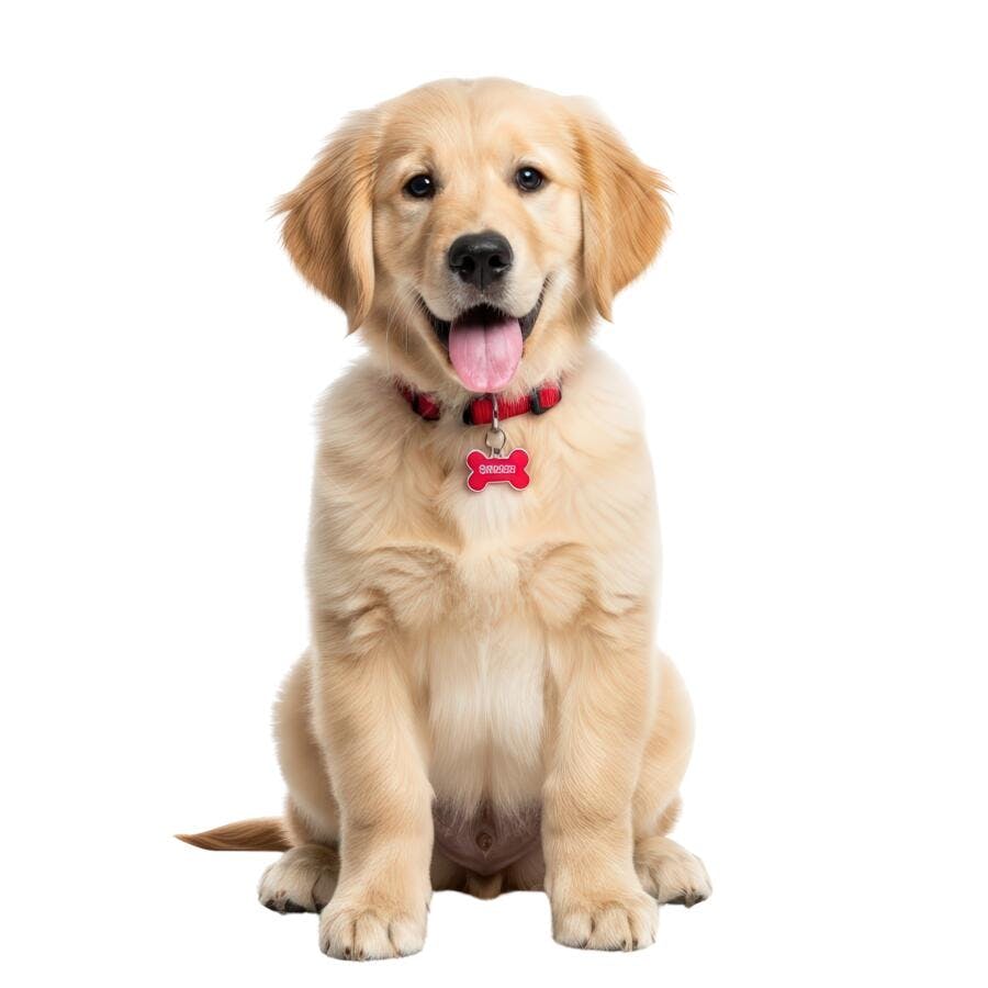 Filhote Golden Retriever feliz com coleira vermelha