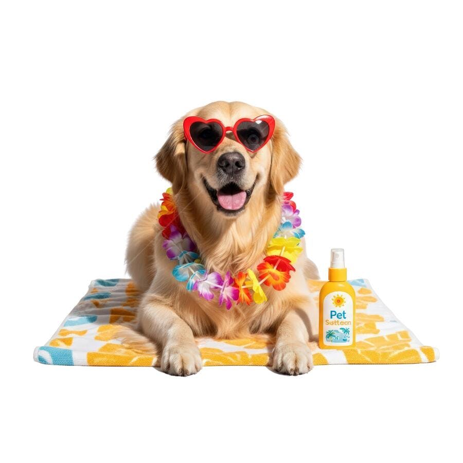 Golden Retriever de óculos e colar havaiano na praia