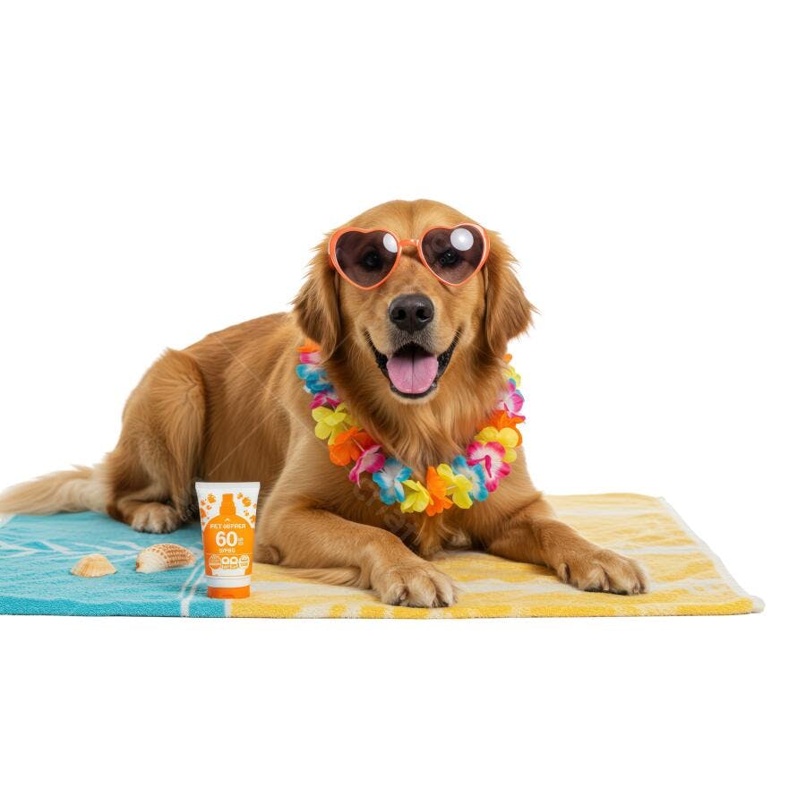 Golden Retriever na Praia com Protetor Solar