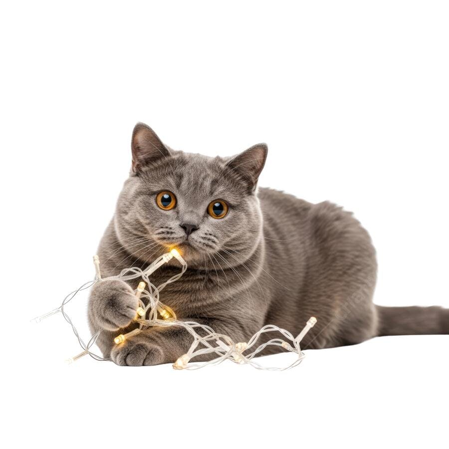 Gato cinza brincando com luzes de Natal