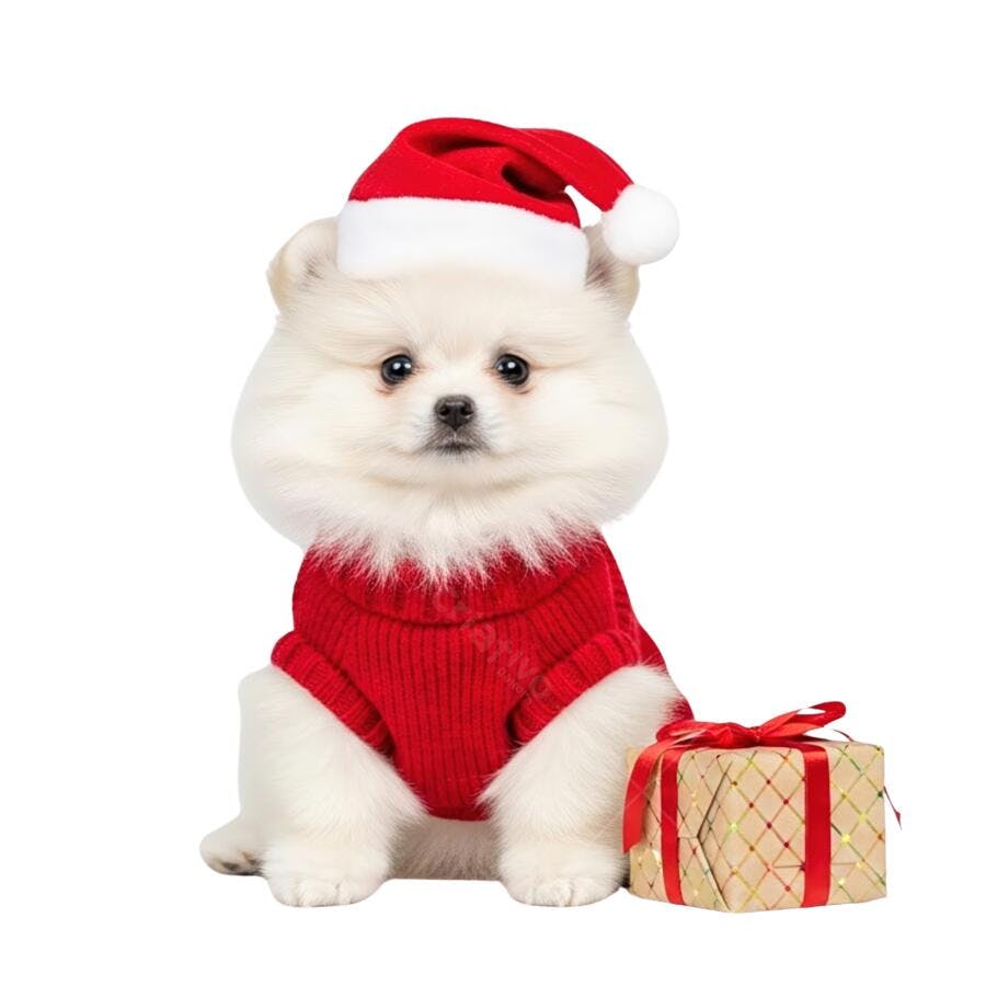 Cachorro Spitz Alemão com roupa natalina