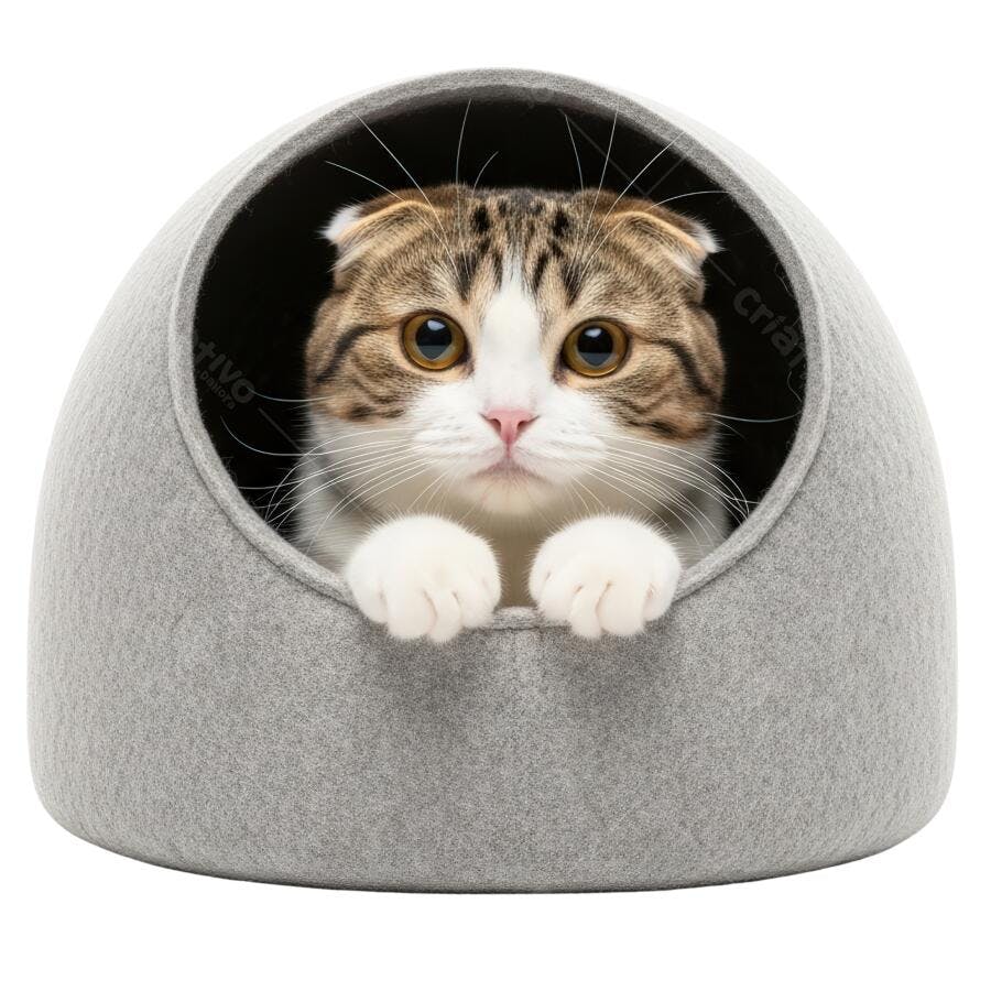 Gato Scottish Fold em cama cinza
