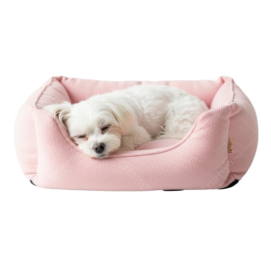 Cachorro Maltês dormindo em cama rosa