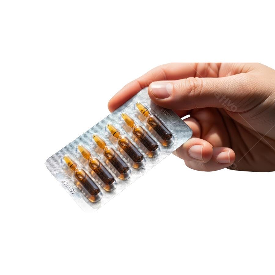 Ampolas marrons em blister na mão