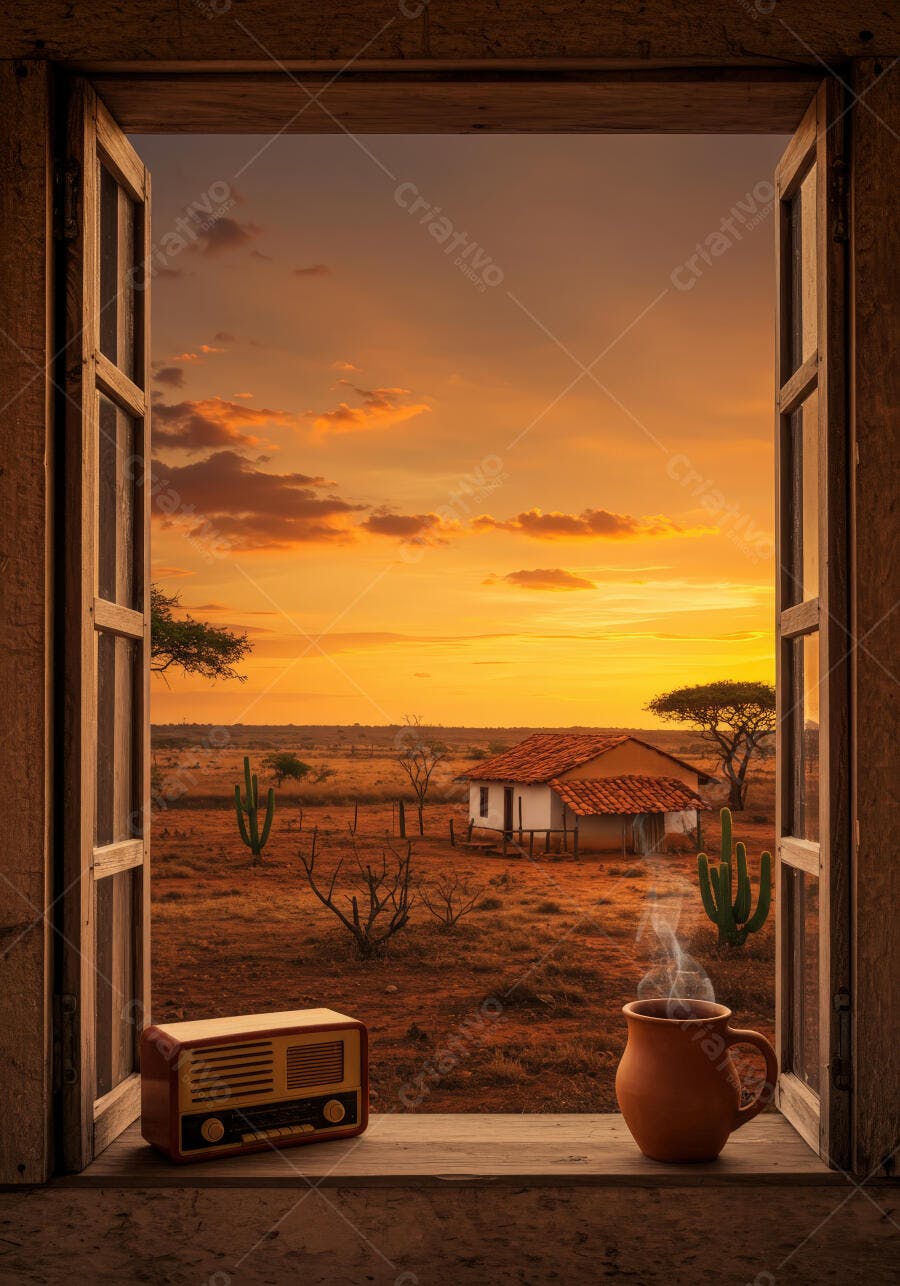 Pôr do sol laranja em fazenda vista pela janela