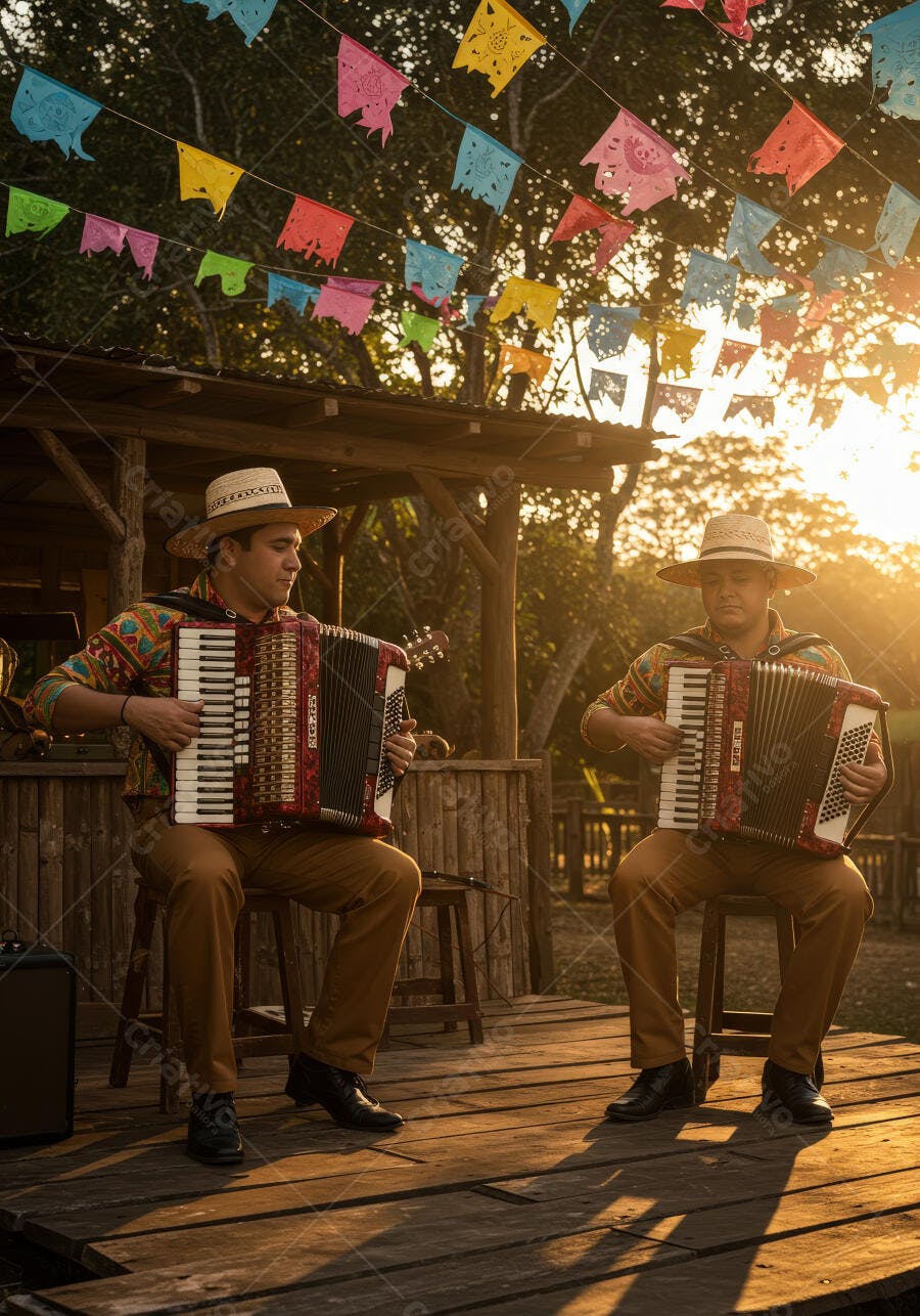 Músicos tocando sanfona ao entardecer