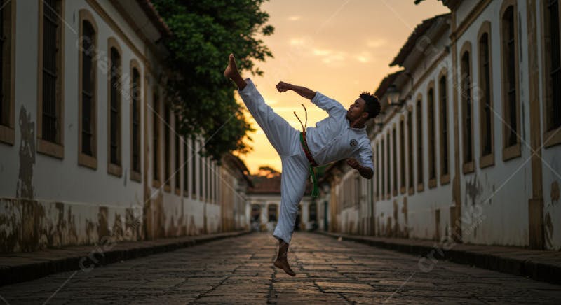Photo of a Black man practicing martial arts in a colonial street at sunset. Warm colors predominate, with orange and yellow tones in the sky. The composition is dynamic, with the artist in focus in the center of the image. Atmosphere of energy and movement.