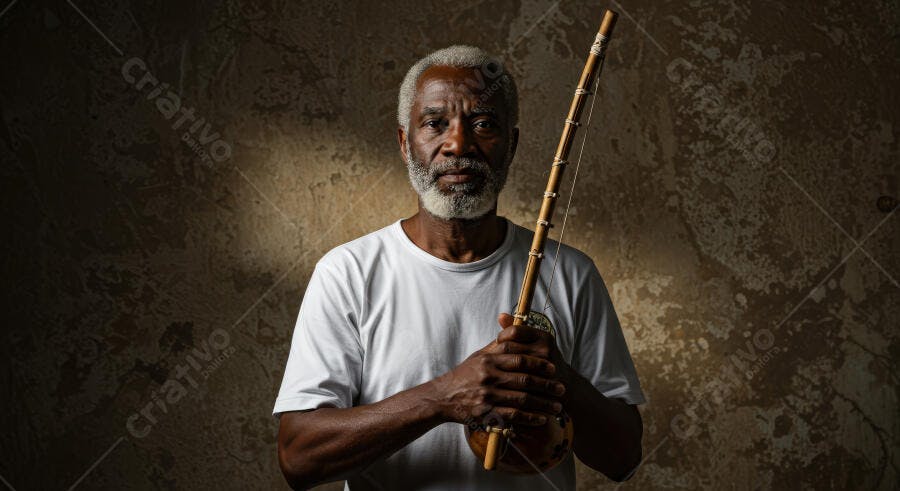 Músico negro com berimbau fundo marrom