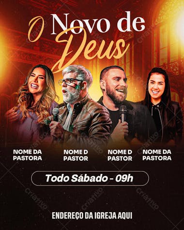 Flyer template for promoting church events with dark and warm tones, ideal for churches targeting a younger and modern audience. Features images of smiling pastors, conveying joy and welcome. Perfect for social media and print.