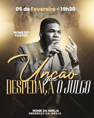 Flyer for a religious event featuring warm colors (gold and black), image of a Black male pastor speaking into a microphone,  modern and elegant style. Ideal for churches seeking to announce impactful events.