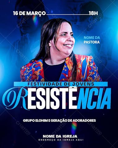 Flyer for a youth church event on March 16th. Vibrant blue and orange colors featuring a photo of the pastor. Modern and impactful design, perfect for social media and print. Target audience: young evangelicals.