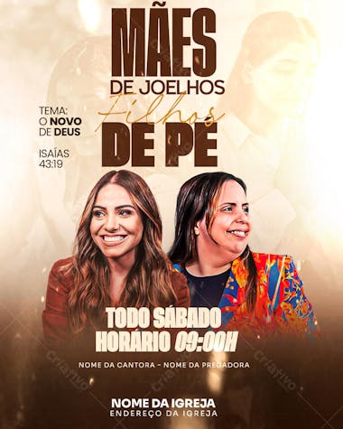 Flyer design for a religious event themed "Mothers Kneeling, Children Standing". Warm color palette with images of two smiling women. Perfect for churches and social media marketing. Target audience: religious female audience.