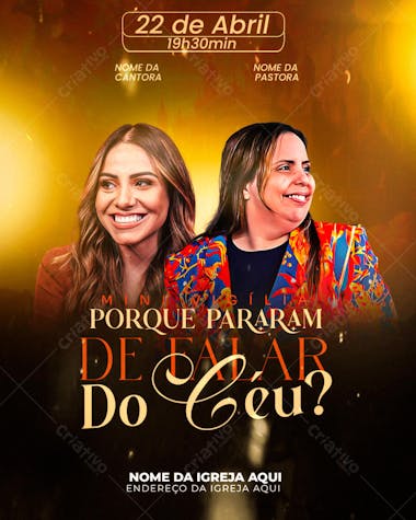 Flyer featuring two women, a singer and a pastor, in warm yellow and orange tones. Elegant and sophisticated design, perfect for church promotion. Main text: "Why did they stop talking about heaven?".
