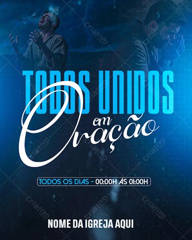 Dark blue flyer with images of praying people. Perfect for churches to promote prayer events or gatherings. Target audience: Christians. Style: Modern and inspiring.