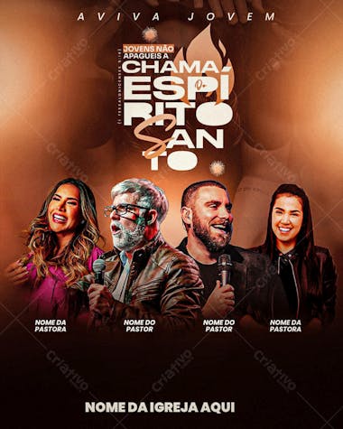 Earthy-toned flyer featuring photos of four pastors (two men and two women) at a youth revival event. Modern and impactful design, perfect for churches seeking to attract a young audience.