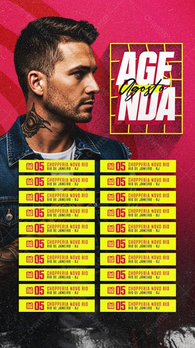 Vibrant red and yellow flyer featuring a man's photo, perfect for promoting August events at Chopperia Novo Rio. Target audience: young adults and adults who enjoy concerts and nightlife.