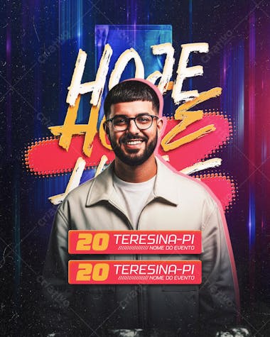 Vibrant flyer with pink, yellow and dark blue colors, perfect for promoting concerts and music events. Features an image of a singer wearing glasses, conveying modernity and energy. Target audience: young adults who enjoy music.