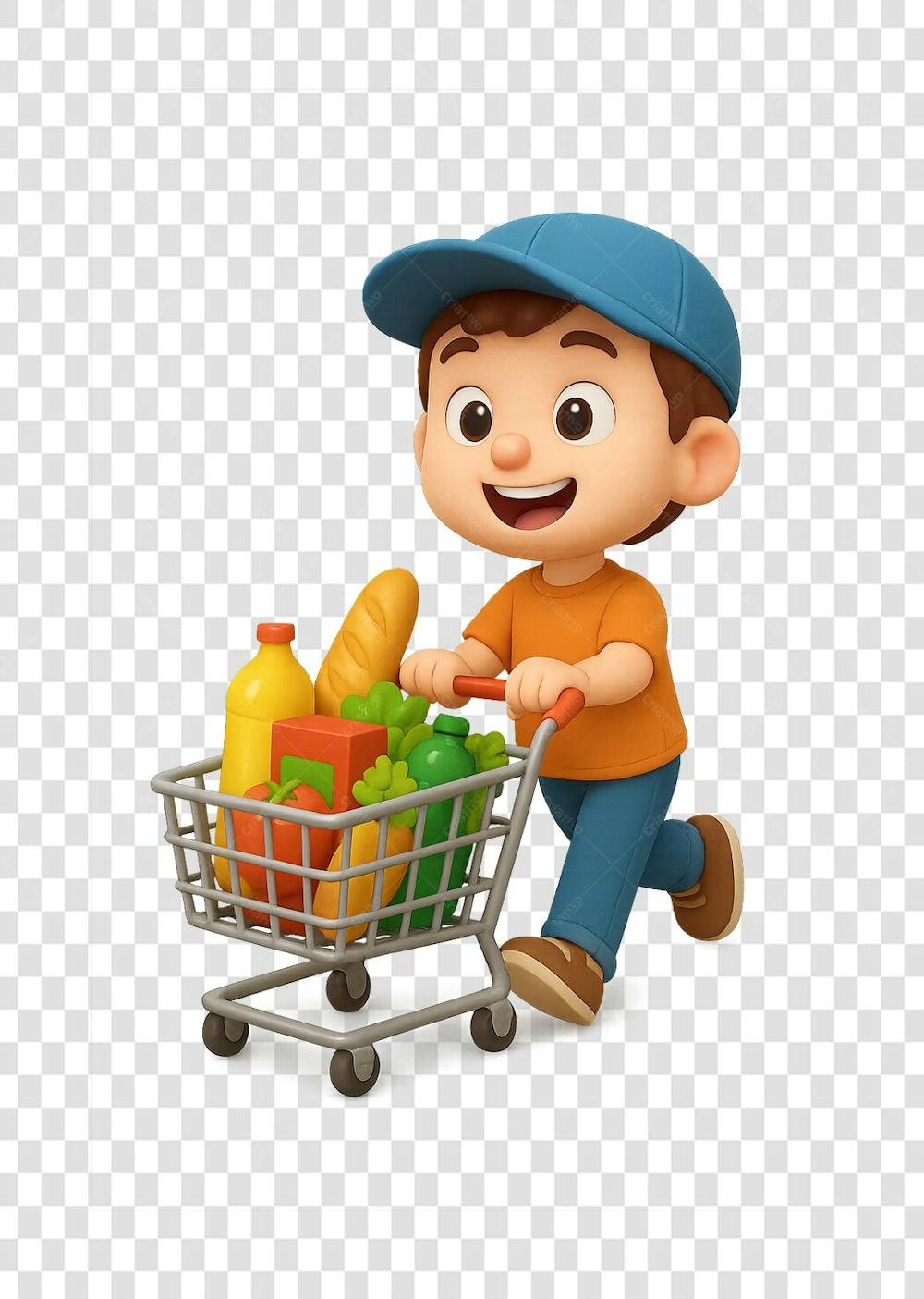 Personagem De Desenho Animado 3D De Menino FAZENDO COMPRAS EM COM UM CARRINHO DE SUPERMERCADO CHEIO E FELIZ USANDO UM BONÉ, COM FUNDO TRANSPARENTE EM PNG GRÁTIS