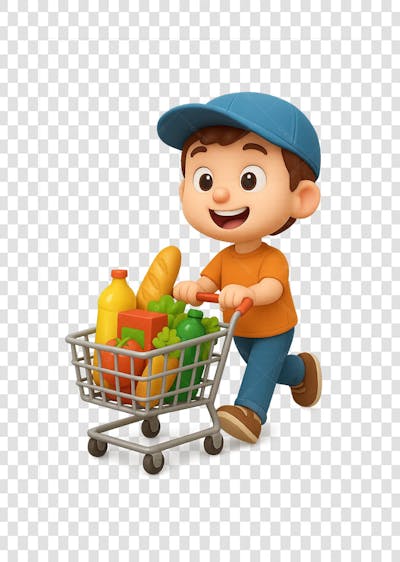 Personagem De Desenho Animado 3D De Menino FAZENDO COMPRAS EM COM UM CARRINHO DE SUPERMERCADO CHEIO E FELIZ USANDO UM BONÉ, COM FUNDO TRANSPARENTE EM PNG GRÁTIS