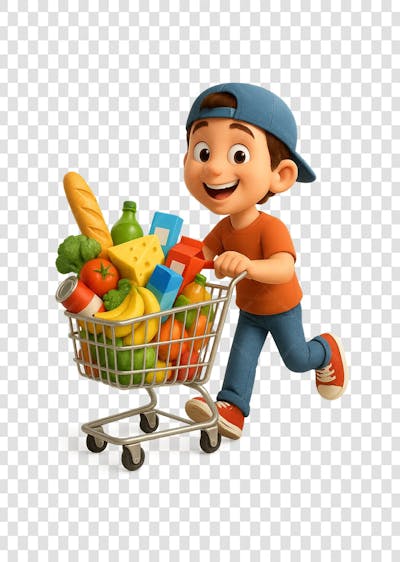 Personagem de desenho animado 3D de alta qualidade, com expressão alegre, vestindo uma roupa casual com tênis e boné virado para trás, empurrando um carrinho de compras transbordando de compras e produtos coloridos. O personagem deve parecer dinâmico, com um passo como se estivesse caminhando, e uma postura alegre e enérgica. A iluminação deve ser limpa e realista. Renderizado em um estilo Pixar refinado, com texturas suaves, cores vibrantes e bordas limpas. Fundo PNG transparente. Perfeito para uso em marketing e publicidade profissional. GRATIS