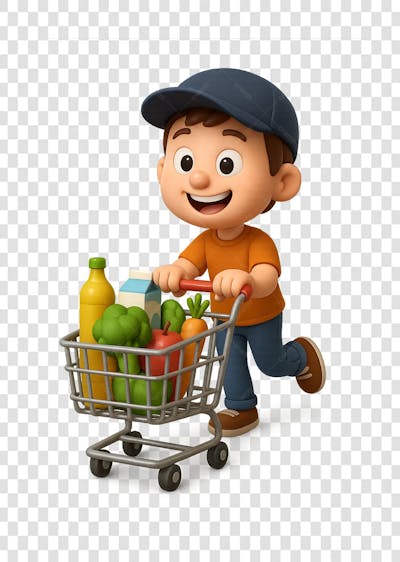 Personagem De Desenho Animado 3D De Menino FAZENDO COMPRAS EM COM UM CARRINHO DE SUPERMERCADO CHEIO E FELIZ USANDO UM BONÉ, COM FUNDO TRANSPARENTE EM PNG GRÁTIS