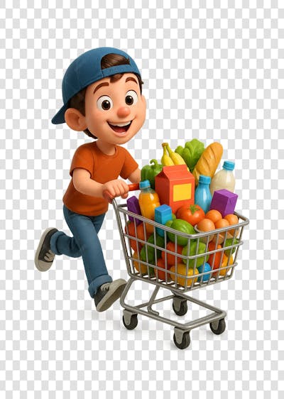 Personagem de desenho animado 3D de alta qualidade, com expressão alegre, vestindo uma roupa casual com tênis e boné virado para trás, empurrando um carrinho de compras transbordando de compras e produtos coloridos. O personagem deve parecer dinâmico, com um passo como se estivesse caminhando, e uma postura alegre e enérgica. A iluminação deve ser limpa e realista. Renderizado em um estilo Pixar refinado, com texturas suaves, cores vibrantes e bordas limpas. Fundo PNG transparente. Perfeito para uso em marketing e publicidade profissional. GRATIS