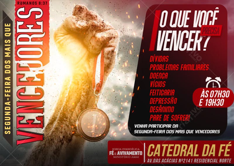 Powerful church event flyer design in red and black.  Features an impactful image of a hand holding a medal, symbolizing victory over challenges. Target audience: Christians seeking overcoming. Perfect for social media and print.