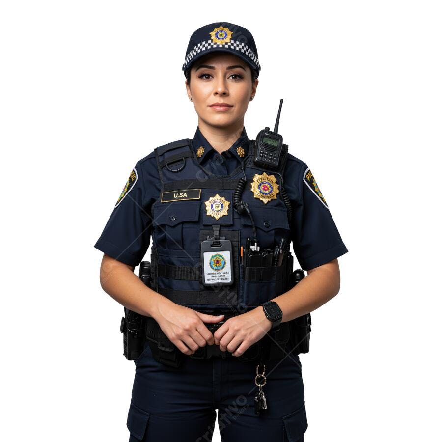 Policial feminina uniforme EUA fundo branco