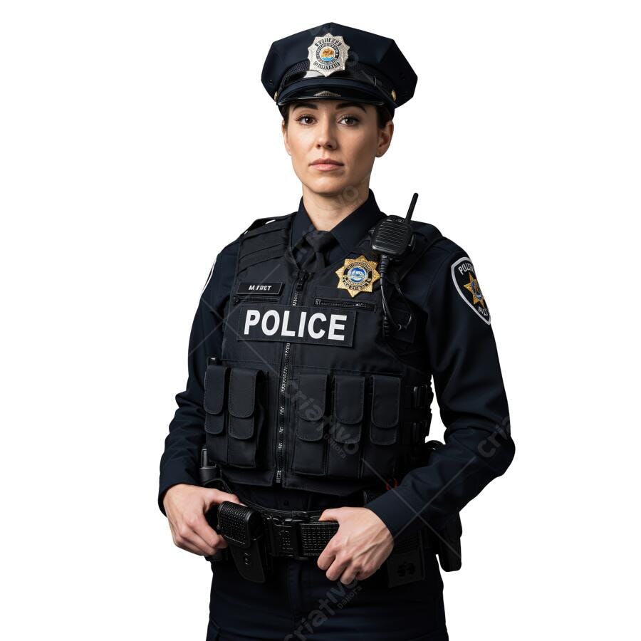 Policial feminina uniforme preto fundo branco