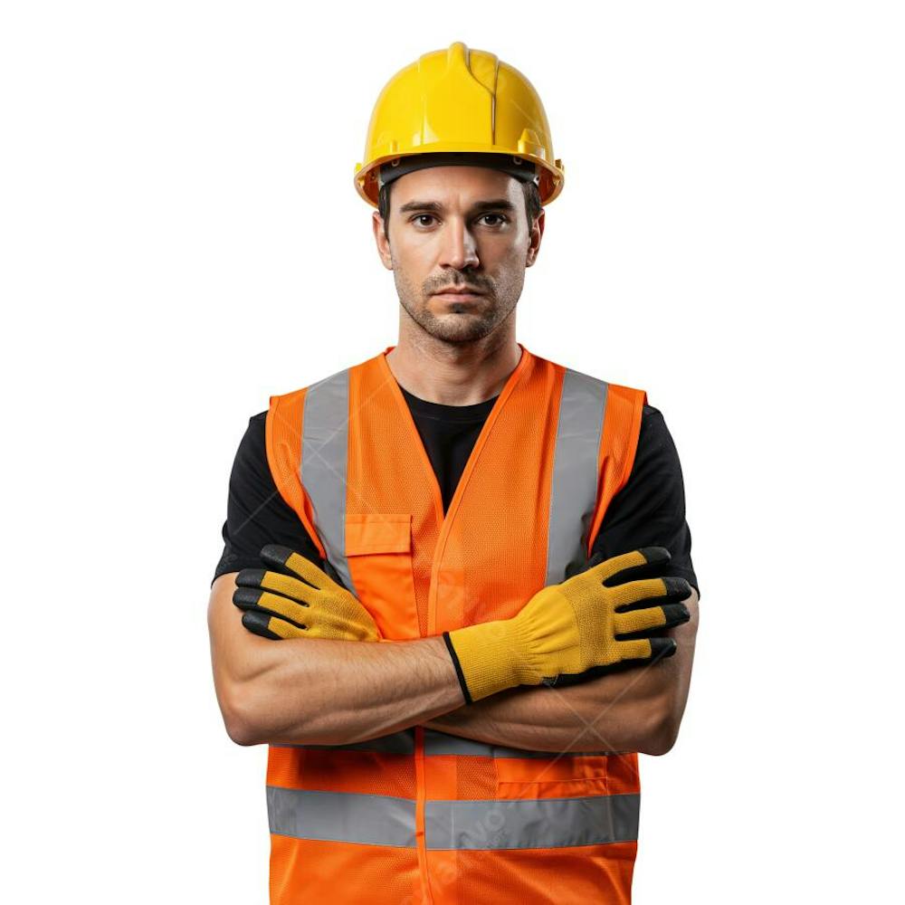 Imagem de um homem caucasiano usando uniforme de trabalho laranja e capacete amarelo, braços cruzados. Fundo branco, cores vibrantes, expressão séria. Fotografia profissional com foco no trabalhador.