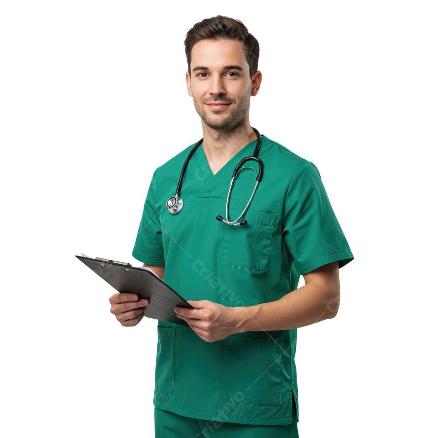 Médico segurando prancheta uniforme verde