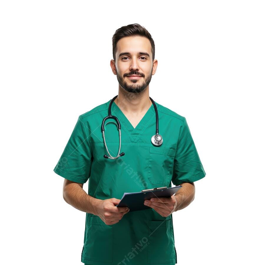 Médico com estetoscópio e prancheta