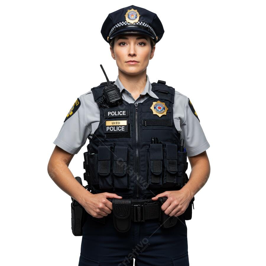Policial feminina em uniforme preto e cinza