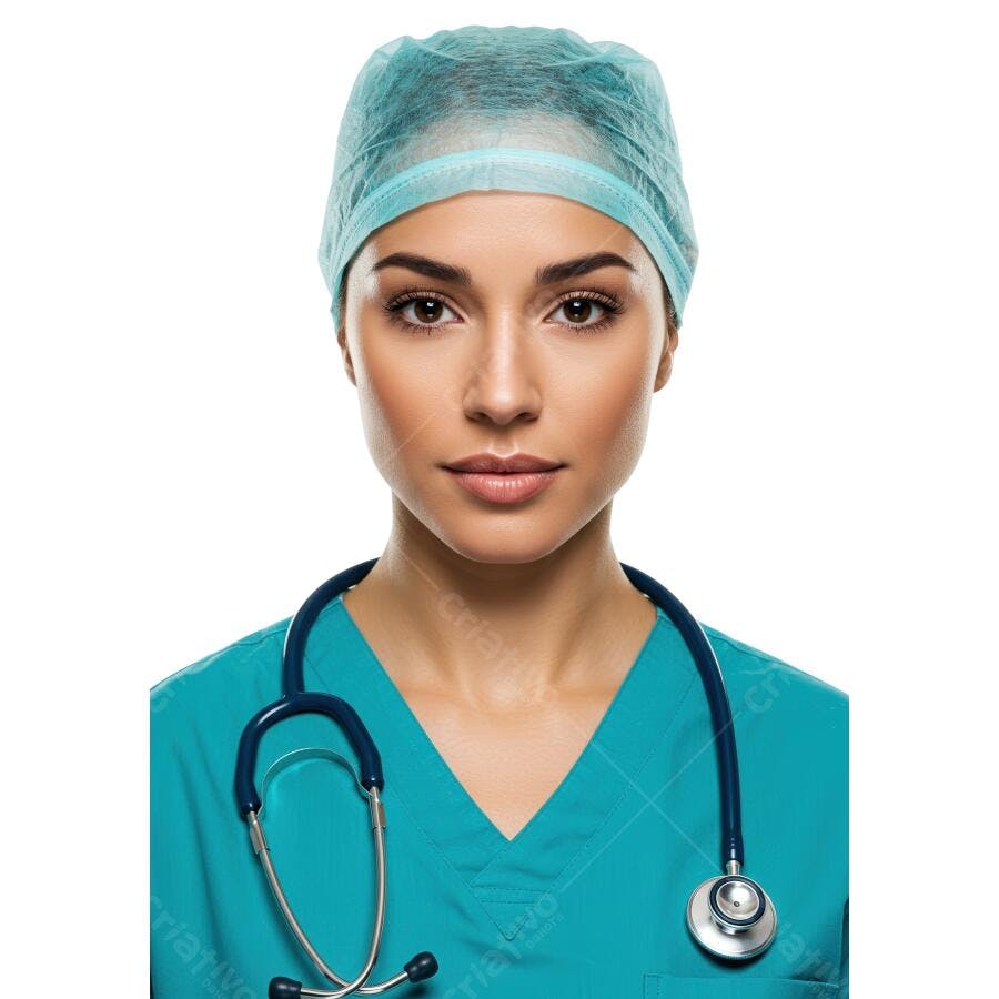 Médica com estetoscópio e touca cirúrgica