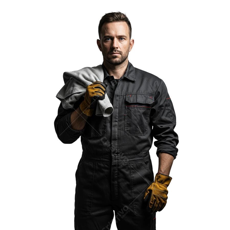 Mecânico com uniforme preto e luvas marrons